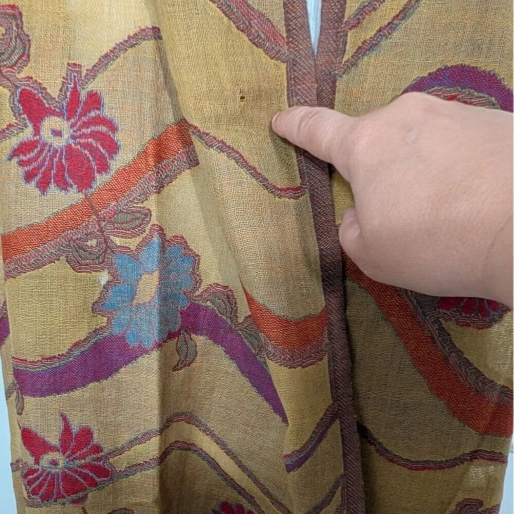 100% Pure New Wool Floral Scarf Beige Fringe Boho Rectangle Lightweight